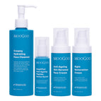MooGoo anti-ageing face bundle containing Antioxidant Anti-Ageing Face Cream, Creamy Hydrating Face Cleanser, Night Restoration Cream and Amplified Anti -Ageing Peptide Active Serum against white background. Unlock youthful, radiant, hydrated skin.