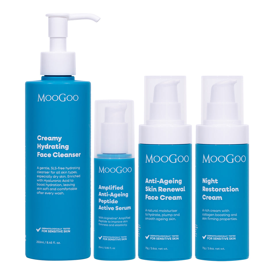 MooGoo anti-ageing face bundle containing Antioxidant Anti-Ageing Face Cream, Creamy Hydrating Face Cleanser, Night Restoration Cream and Amplified Anti -Ageing Peptide Active Serum against white background. Unlock youthful, radiant, hydrated skin.
