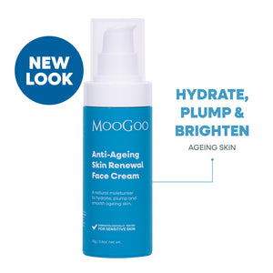 MooGoo anti-ageing skin renewal face cream bottle with text on a white background. New & Improved. Deeply hydrate, plump & Brighten ageing skin. Smooth texture & reduces fine lines. 