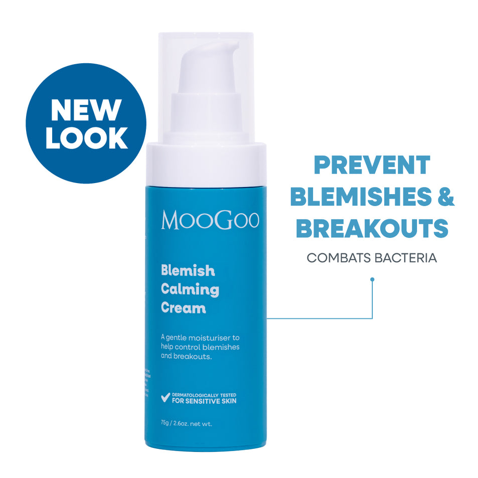 MooGoo Blemish Calming Cream blue bottle with promotional text on a white background