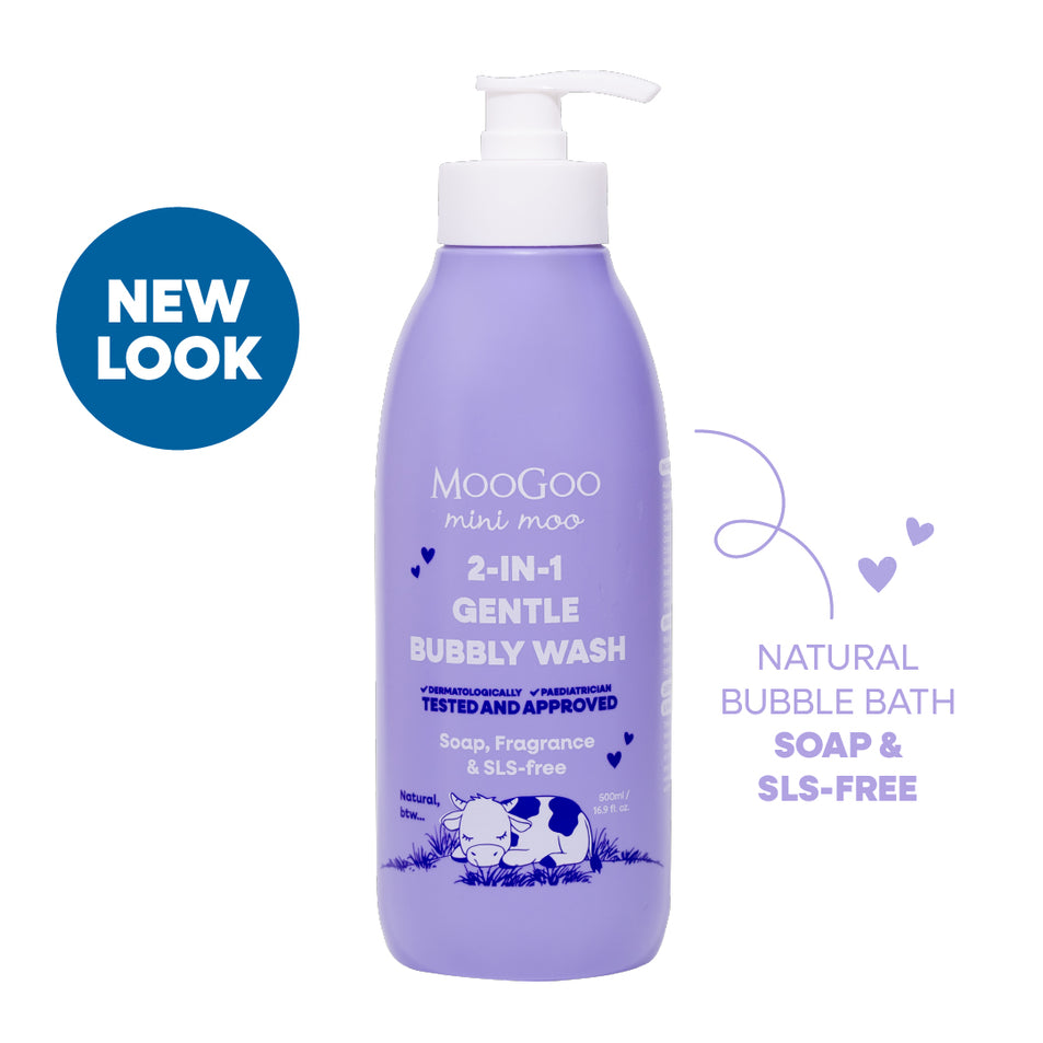 Purple bottle of MooGoo Kids Mini Moo 2-in-1 Gentle Bubbly Wash with pump on a white background. Natural baby Bubble Bath. Free from soap, SLES and SLS. 
