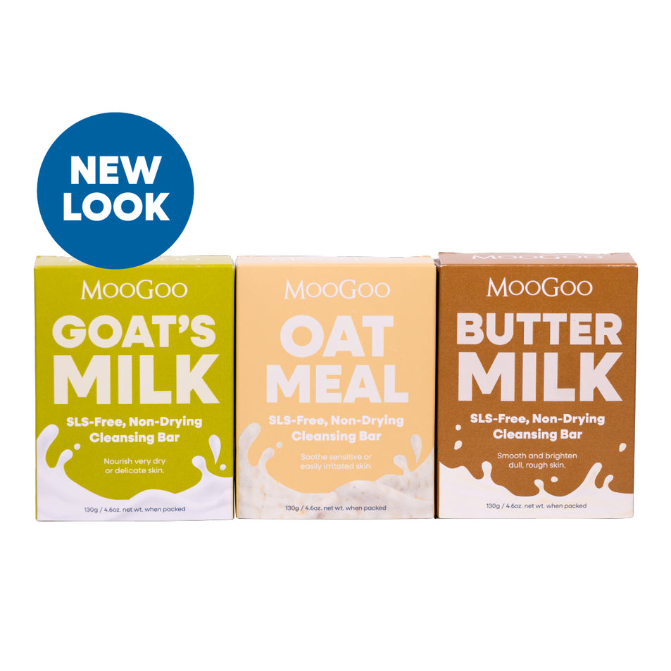 MooGoo Natural Cleansing Bar Trio on white background, with Buttermilk, Oatmeal and Goat’s Milk, non-drying soap bars for sensitive and dry skin SLS-free