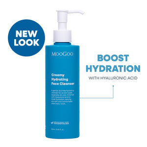 MooGoo Creamy Hydrating Face Cleanser 250ml on white backdrop, natural face cleanser for all skin types, Silky Smooth Formula With Hyaluronic Acid for Soft, Hydrated Skin