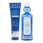 MooGoo Natural Moothpaste and MooGoo Natural Moothwash standing side by side on white background, fluoride-free toothpaste, alcohol-free mouthwash, natural dental care