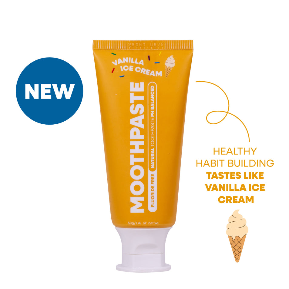 Tube of MooGoo Kids Vanilla Ice Cream flavoured toothpaste on a white background. Healthy habit building, tastes like Vanilla Ice Cream. Fluoride-free formula, safe for kids.