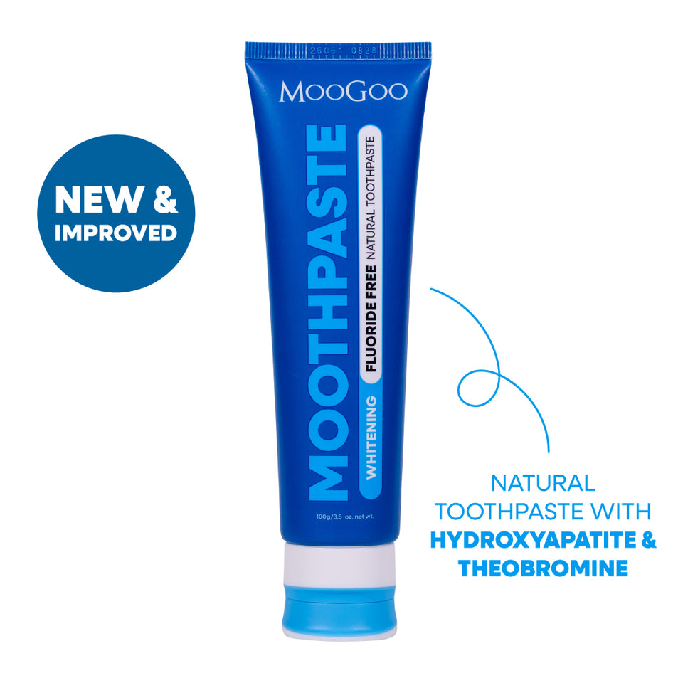 MooGoo Natural Moothpaste on white background, fluoride-free toothpaste with calcium hydroxyapatite and theobromine for cavity prevention