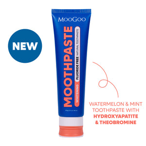 Tube of MooGoo Watermelon & Mint flavoured toothpaste on a white background. Tastes like Watermelon & Mint. Fluoride-free formula, safe for kids. With Hydroxyapatite & Theobromine for natural remineralisation.
