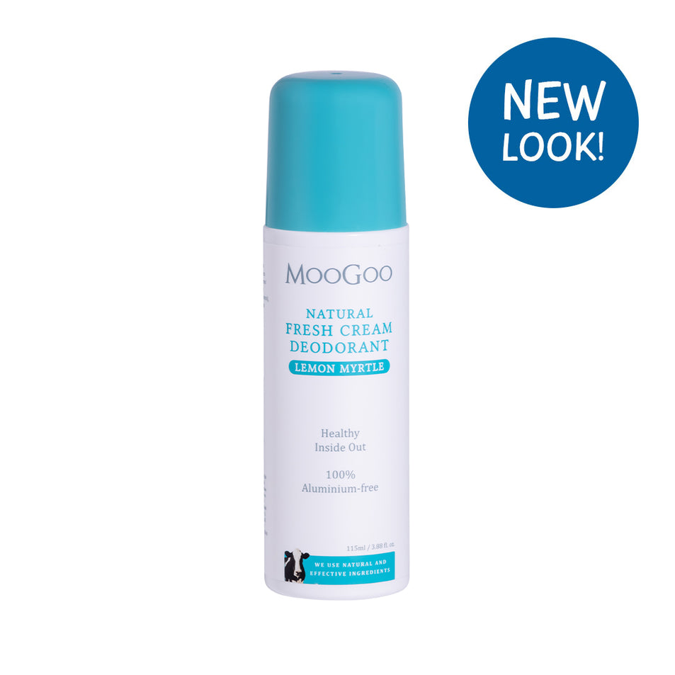 MooGoo Fresh Cream Deodorant Lemon Myrtle 115ml displayed on clean white backdrop, natural roll-on with light citrus fragrance and alkaline formula, natural roll-on formula to control odour without irritation.