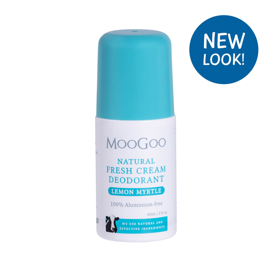 MooGoo Lemon Myrtle natural fresh cream deodorant bottle with blue cap on a white background