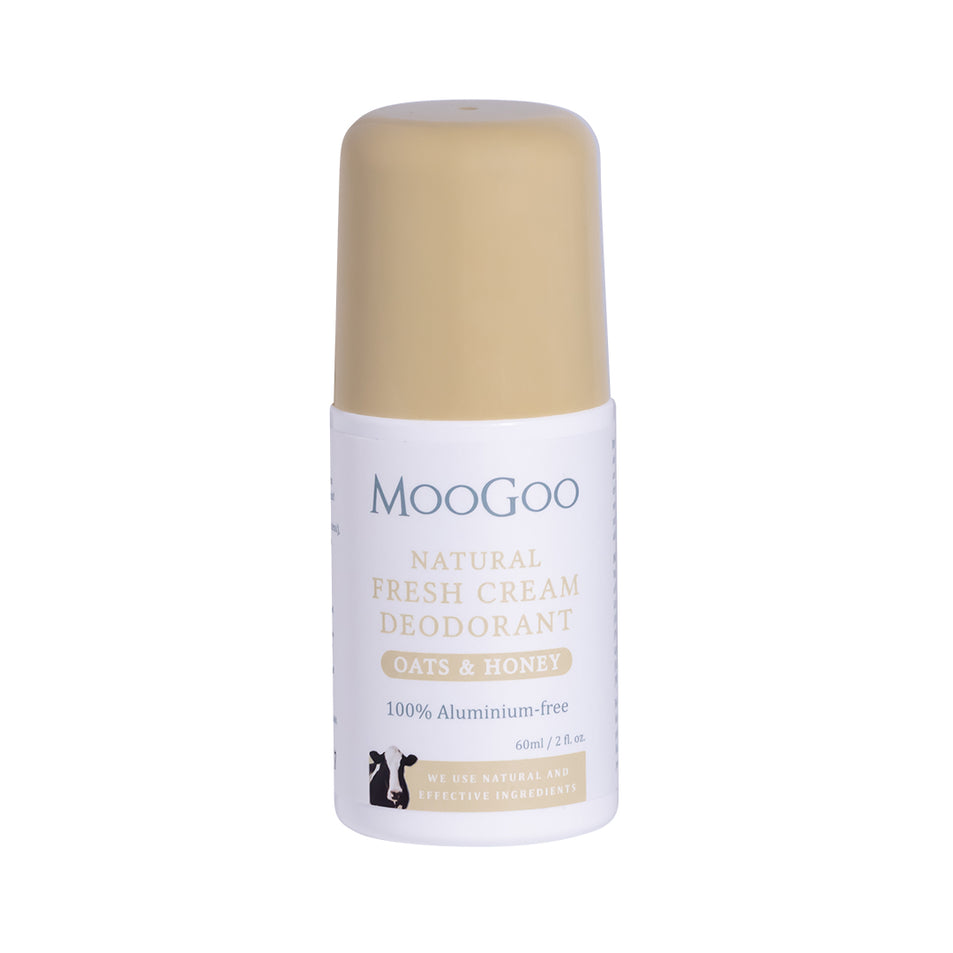 MooGoo Fresh Cream Deodorant Oats and Honey on white background, aluminium free natural roll-on with gentle alkaline formula to prevent odour