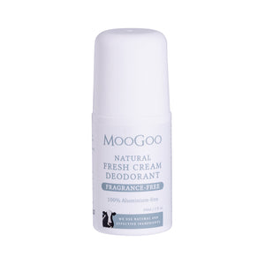 Natural Fresh Cream Deodorant Sensitive fragrance free variant by MooGoo, aluminium free deodorant on plain backdrop for delicate underarms