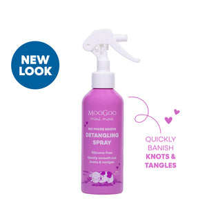 MooGoo Baby & Child Mini Moo Natural Detangling Spray 150ml with purple label, gentle conditioning spray for kids that banishes knots and tangles. 