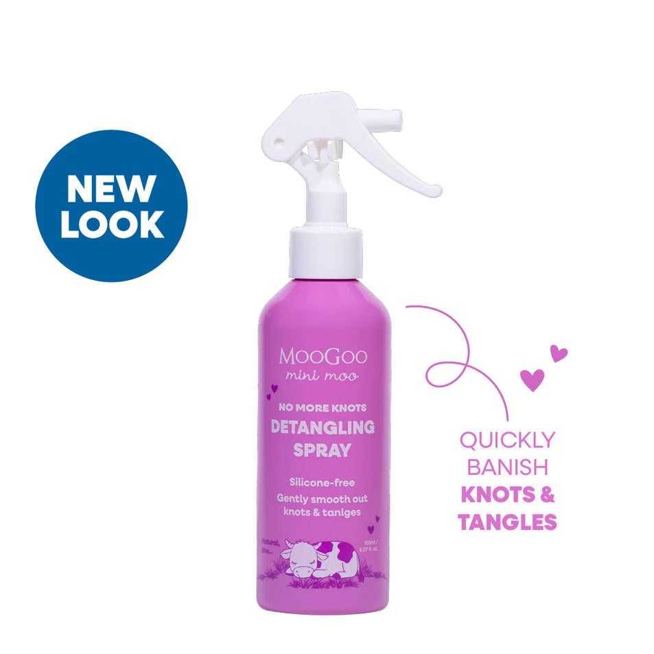 MooGoo Baby & Child Mini Moo Natural Detangling Spray 150ml with purple label, gentle conditioning spray for kids that banishes knots and tangles. 