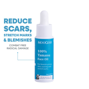 Moogoo 100% Tamanu face oil in white background. Reduce scars, stretch marks and blemishes. 