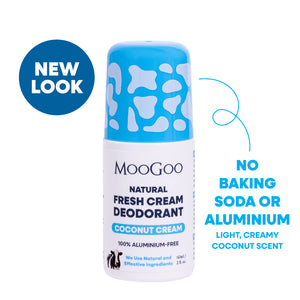 MooGoo Natural Fresh Cream Deodorant roll-on bottle in Coconut Cream scent, featuring a blue and white cow-print cap and white body. Includes a blue 'NEW LOOK' badge. Baking soda and aluminium free. Light creamy coconut scent. 