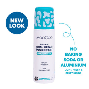 MooGoo Natural Fresh Cream Deodorant canister in Lemon Myrtle scent, featuring a white body and a turquoise cap with white spots. The image includes a blue 'NEW LOOK' badge against a white background. Natural Aluminium and baking soda free roll-on formula to control odour without irritation. 