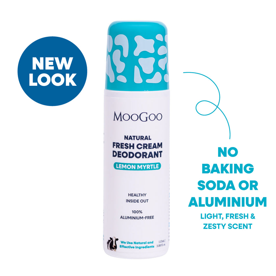 MooGoo Natural Fresh Cream Deodorant canister in Lemon Myrtle scent, featuring a white body and a turquoise cap with white spots. The image includes a blue 'NEW LOOK' badge against a white background. Natural Aluminium and baking soda free roll-on formula to control odour without irritation. 