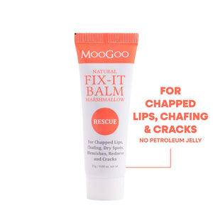 MooGoo Natural Fix-It Balm Rescue Marshmallow tube on a white background, Petroleum free, for chapped lips, dry spots, blemishes, redness and cracks.