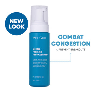 MooGoo Gentle Foaming Face Cleanser on white background, natural non-clogging SLS-free cleanser to combat congestion and breakouts, clarify and soothe skin