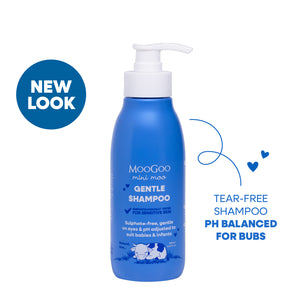 MooGoo Baby & Child Mini Moo Natural Gentle Shampoo on white background, tear-free shampoo for bubs, pH balanced, mild formula for sensitive scalps and baby skin. 