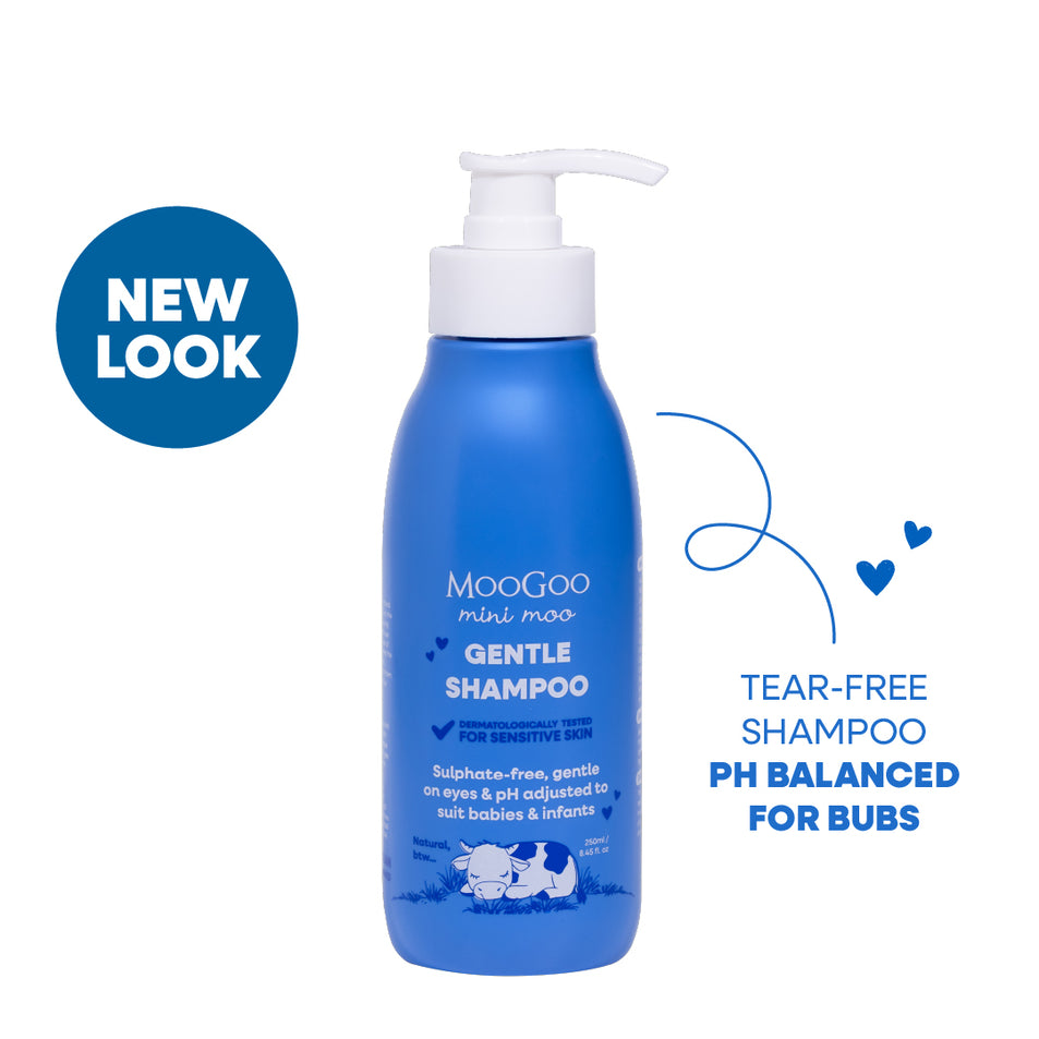 MooGoo Baby & Child Mini Moo Natural Gentle Shampoo on white background, tear-free shampoo for bubs, pH balanced, mild formula for sensitive scalps and baby skin. 