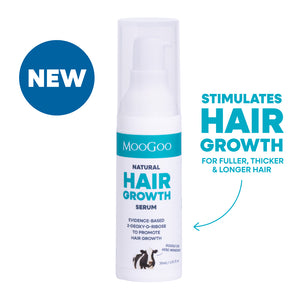 Moogoo Natural hair growth serum bottle with text on a white background. Stimulates hair groweth for fuller, thicker and longer hair. 