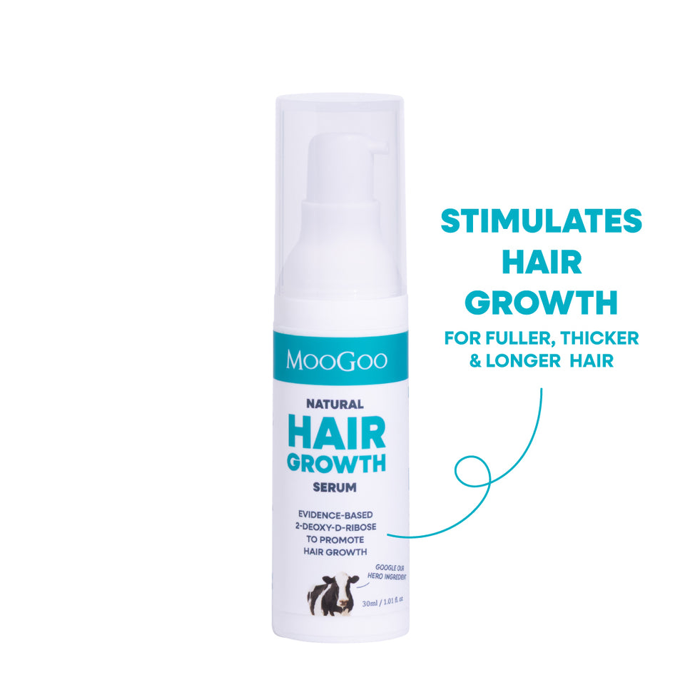 MooGoo Natural Hair Growth Serum bottle on a white background, with teal text on the right stating 'STIMULATES HAIR GROWTH FOR FULLER, THICKER & LONGER HAIR'.