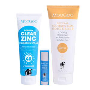 MooGoo Summer Essentials Pack on white background, bundle with SPF 40 zinc sunscreen, SPF 15 lip balm and soothing MSM moisturiser for sun care.