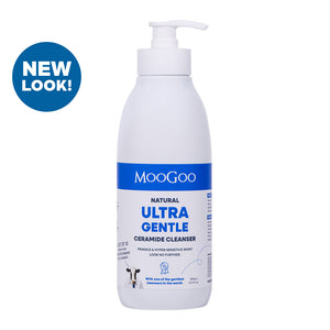 MooGoo Ultra Gentle Ceramide Cleanser on white background, for eczema prone and hypersensitive skin with ceramides to strengthen skin barrier