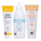 Three MooGoo natural skincare products arranged side by side on a white background: Eczema & Psoriasis Cream in a yellow-and-white tube, Sensitive Skin Milk Wash in a white bottle with a pump and light blue label, and Soothing MSM Moisturiser in a white tube with a peach label. 3 step skin soothing routine. 
