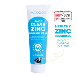MooGoo Healthy Clear Zinc Sunscreen SPF 40 tube on a white background. No Chemical UV Filters, Zinc Oxide Based Sunscreen, with broad spectrum UVA & UVB protection.
