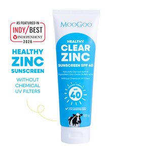 MooGoo Healthy Clear Zinc Sunscreen SPF 40 tube on a white background. No Chemical UV Filters, Zinc Oxide Based Sunscreen, with broad spectrum UVA & UVB protection.