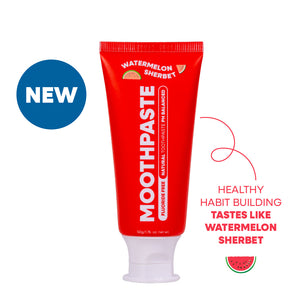 Tube of MooGoo Kids Watermelon flavoured toothpaste on a white background. Healthy habit building, tastes like Watermelon. Fluoride-free formula, safe for kids.