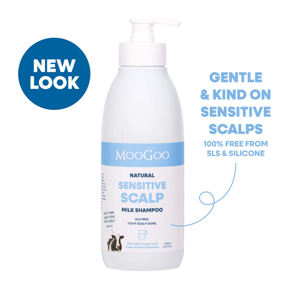 MooGoo Natural Sensitive Scalp Milk Shampoo bottle in a white pump bottle with a blue label band, shown on a white background with a blue 'NEW LOOK' badge. Gentle and kind on sensitive scalps. Free from sulphates, sLS, SLES and silicones. 