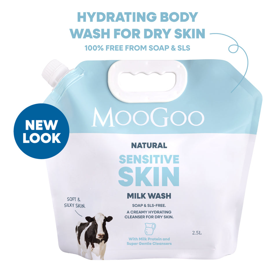 MooGoo Natural Sensitive Skin Milk Wash in a 2.5L flexible refill pouch. Hydrating Body Wash for dry skin. Free from soap, sulphates, SLS and SLES. 