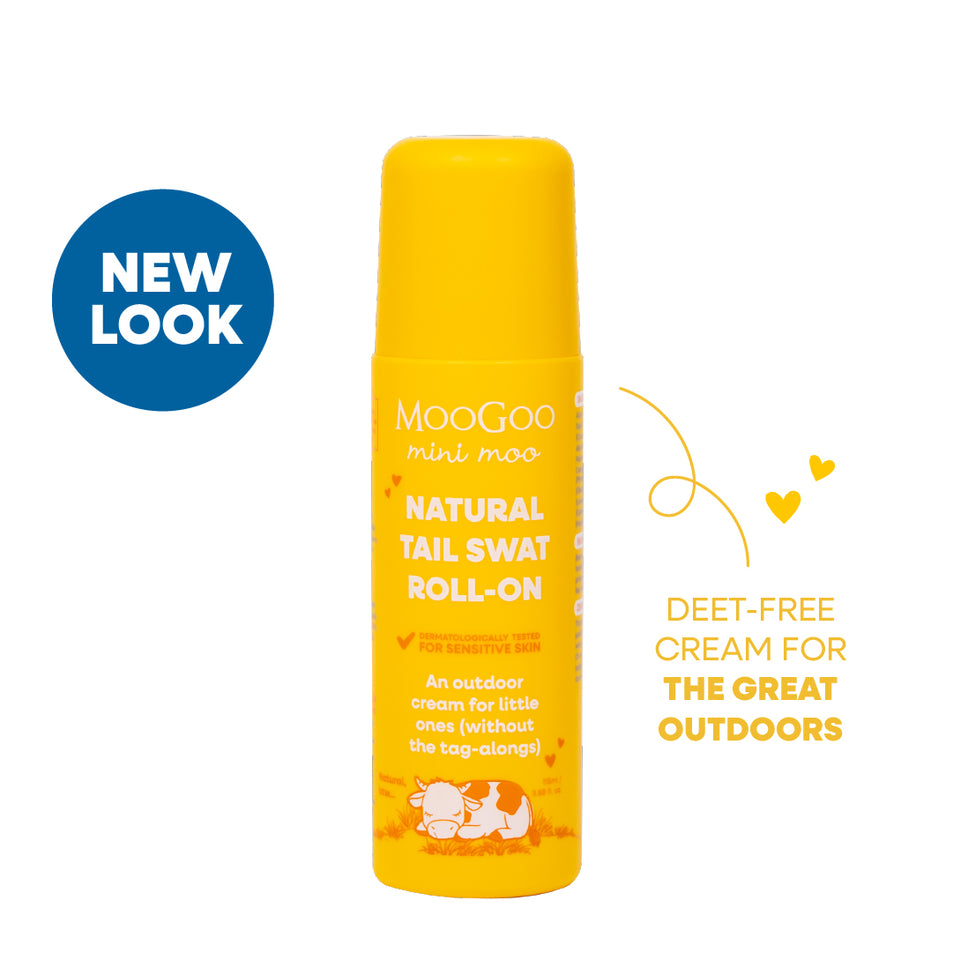 MooGoo Tail Swat Roll-On against plain background, lightweight insect repellent safe for newborns, children and families, natural formula for outdoor use