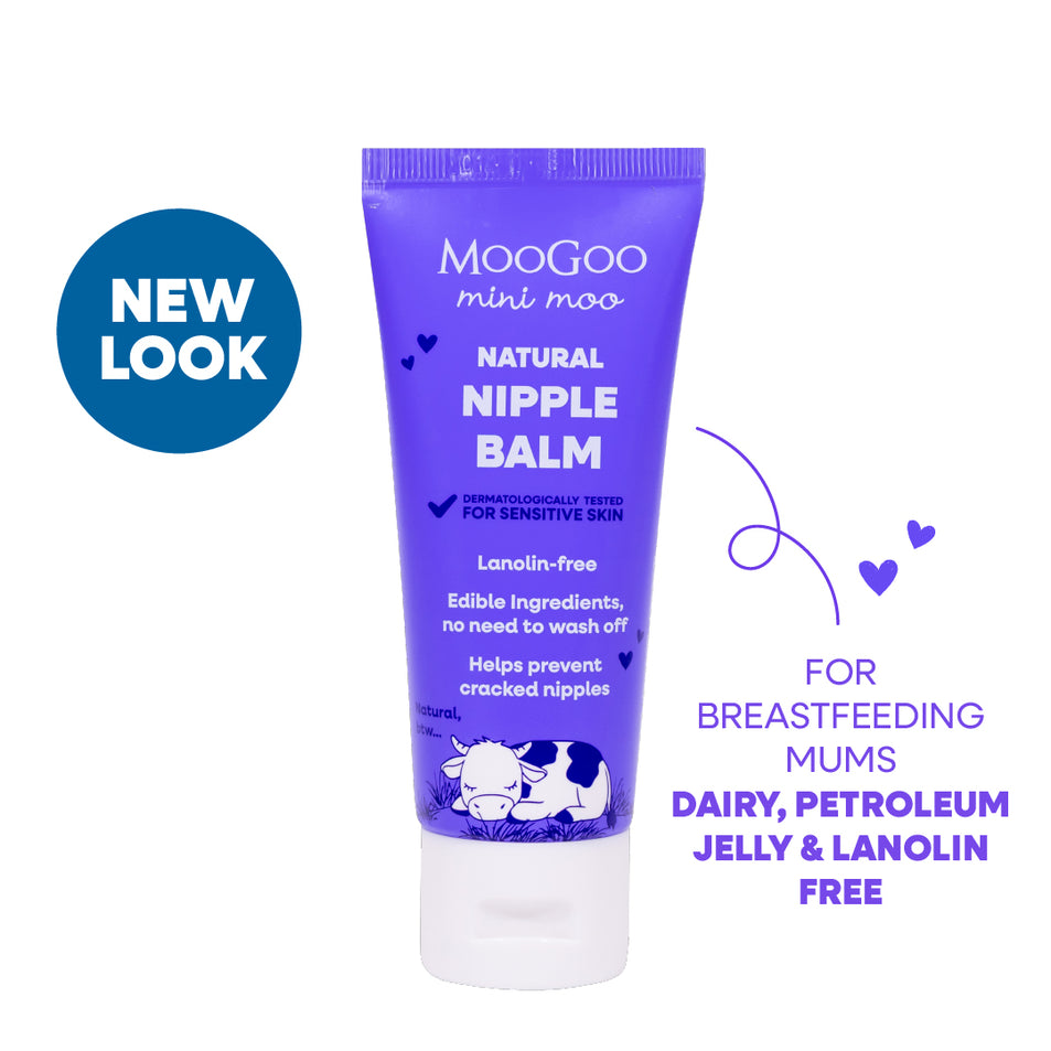 MooGoo Baby & Child Natural Nipple Balm 50g on white background, soothing edible and natural balm for breastfeeding mums to hydrate and protect sensitive skin