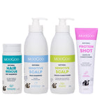MooGoo 4-piece Scalp & Hair Care pack arranged on a white background: a small Hair Rescue Dry Shampoo bottle, a Sensitive Scalp Milk Shampoo pump bottle, a Sensitive Scalp Cream Conditioner pump bottle, and a Protein Shot Leave-In Conditioner squeeze tube. 