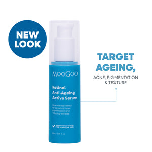 MooGoo Retinol Anti-Ageing Active Serum 25ml bottle with text highlighting slow-release Vitamin A for targeting fine lines, acne and uneven skin tone