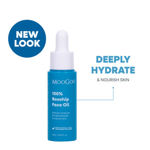 MooGoo 100% Rosehip Face Oil bottle in white background, deeply hydrates & nourishes mature skin
