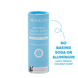 MooGoo Natural Solid Stick Deodorant in Coconut Cream scent, shown in its light blue cylindrical packaging on a white background, natural and aluminium free deodorant for sensitive skin and odour control.