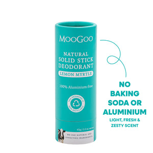 MooGoo Natural Solid Stick Deodorant in Lemon Myrtle, shown in its teal packaging on white backdrop, eco packaging aluminium free deodorant with natural fresh lemon myrtle fragrance