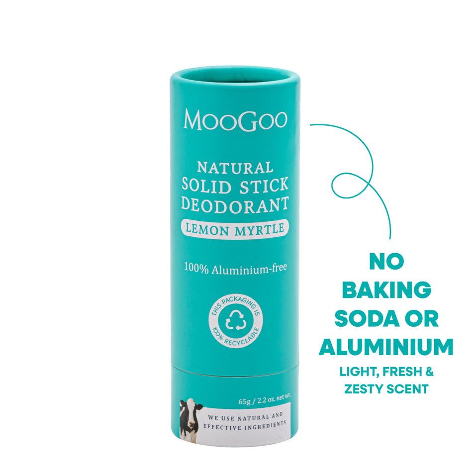MooGoo Natural Solid Stick Deodorant in Lemon Myrtle, shown in its teal packaging on white backdrop, eco packaging aluminium free deodorant with natural fresh lemon myrtle fragrance