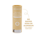 MooGoo Natural Solid Stick Deodorant in Oats & Honey scent, shown in its beige cardboard packaging tube on a white background. No baking soda or aluminium.