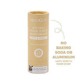 MooGoo Natural Solid Stick Deodorant in Oats & Honey scent, shown in its beige cardboard packaging tube on a white background. No baking soda or aluminium.