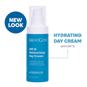 MooGoo SPF 15 Moisturising Day Cream on white background, hydrating face cream with zinc oxide, niacinamide and antioxidants to protect against UV damage.
