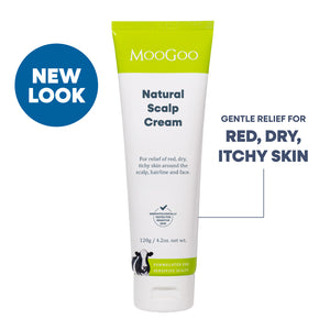 Green MooGoo Natural Scalp Cream tube on a white background Gentle relief for red, dry, itchy skin. Olive Oil and Coconut Oil formula for seborrheic dermatitis and psoriasis. 