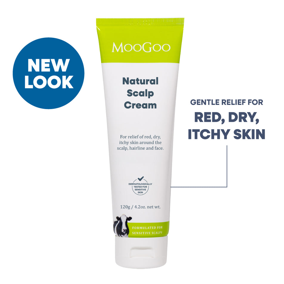 Green MooGoo Natural Scalp Cream tube on a white background Gentle relief for red, dry, itchy skin. Olive Oil and Coconut Oil formula for seborrheic dermatitis and psoriasis. 