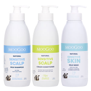 MooGoo Shower Essentials Set on white background, natural shampoo, conditioner and milk wash to hydrate skin, soothe scalp and protect hair.