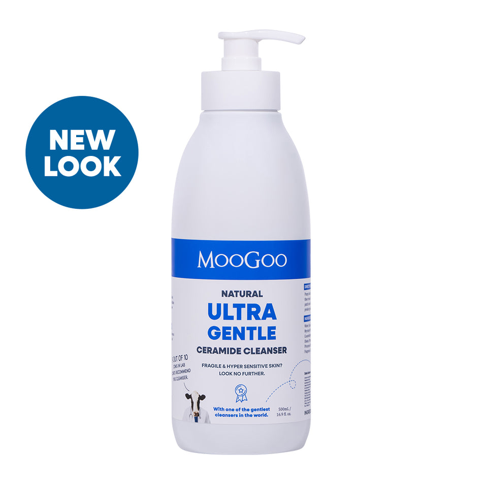 MooGoo Ultra Gentle Ceramide Cleanser on white background, for eczema prone and hypersensitive skin with ceramides to strengthen skin barrier